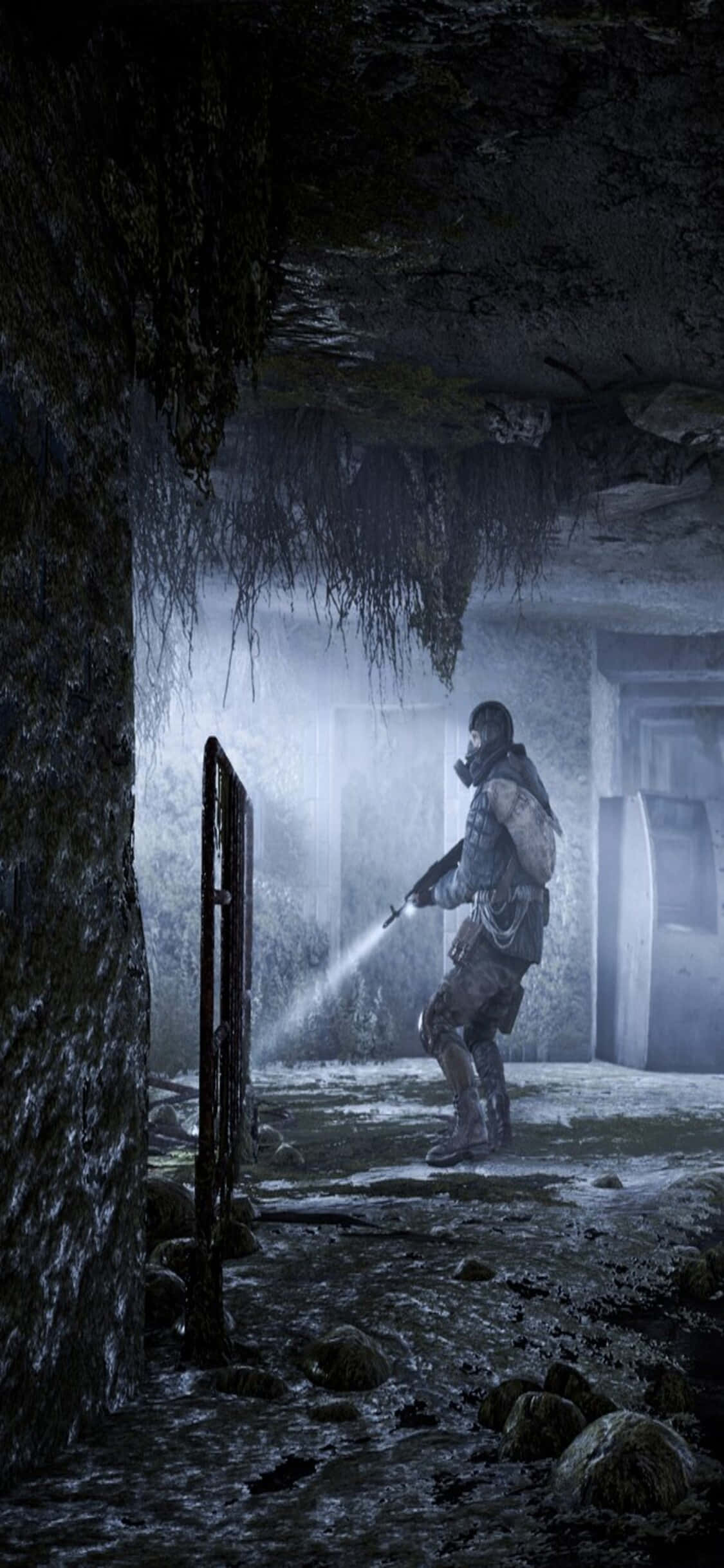 Hahmo taskulampun kanssa iPhone X Metro Last Light -taustakuva Taustakuvat