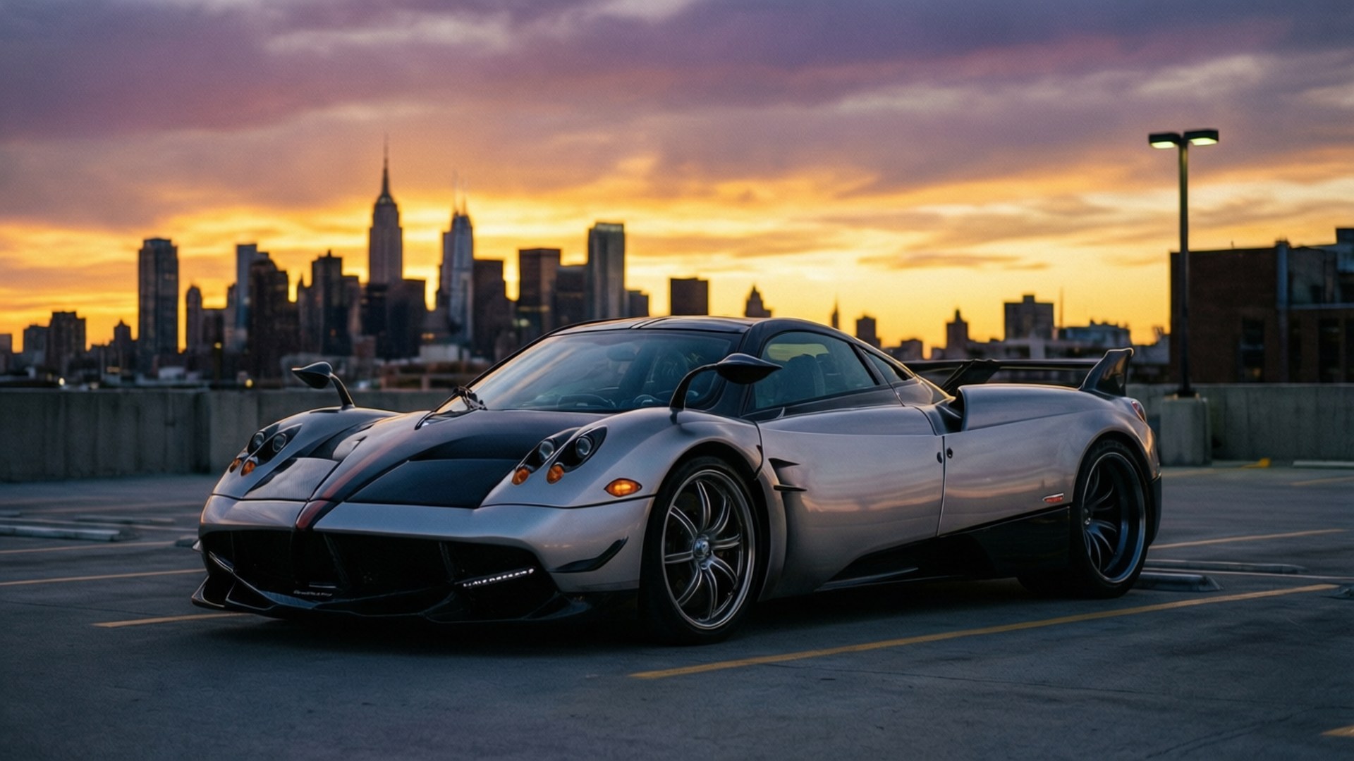 Hopeanvärinen Pagani Huayra BC hämärässä katolla, taustalla kaupungin siluetti. — Hienot autot GIF Taustakuvat