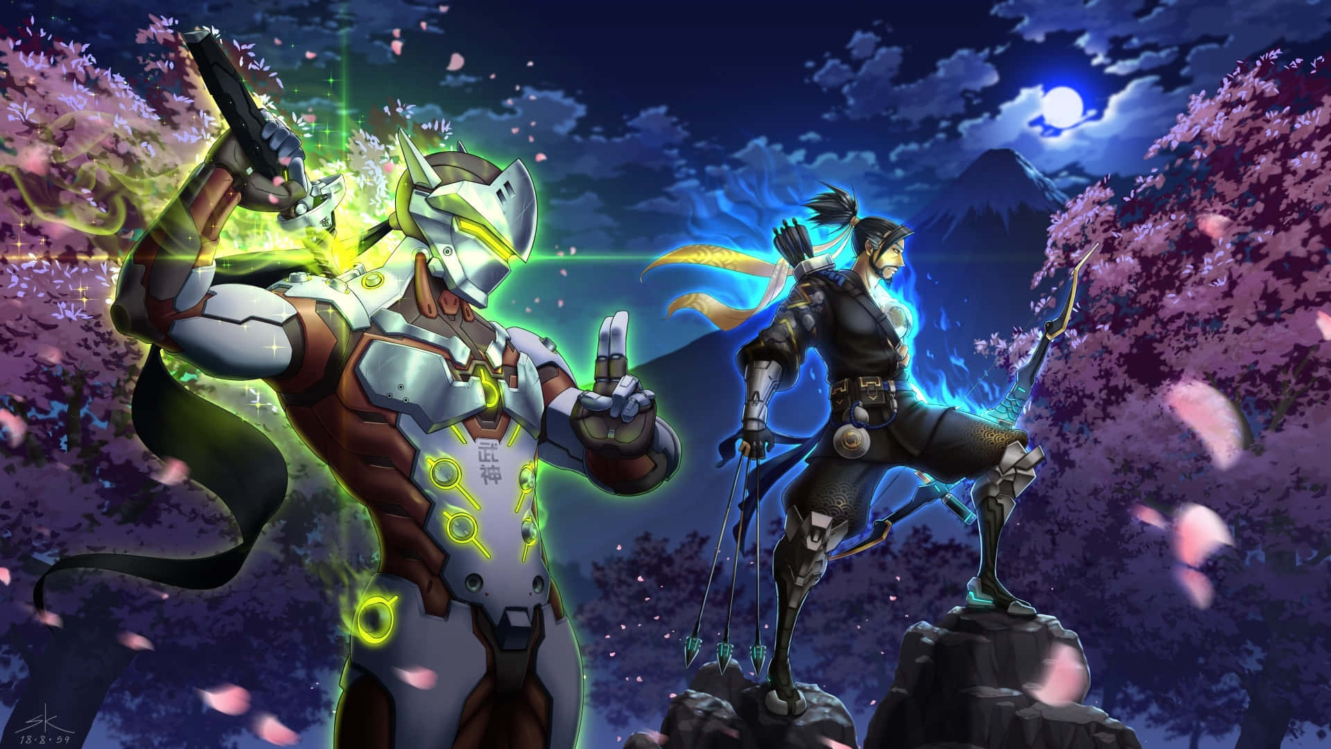 Hanzo ja Genji hahmot 1920x1080 Overwatch yötausta Taustakuvat