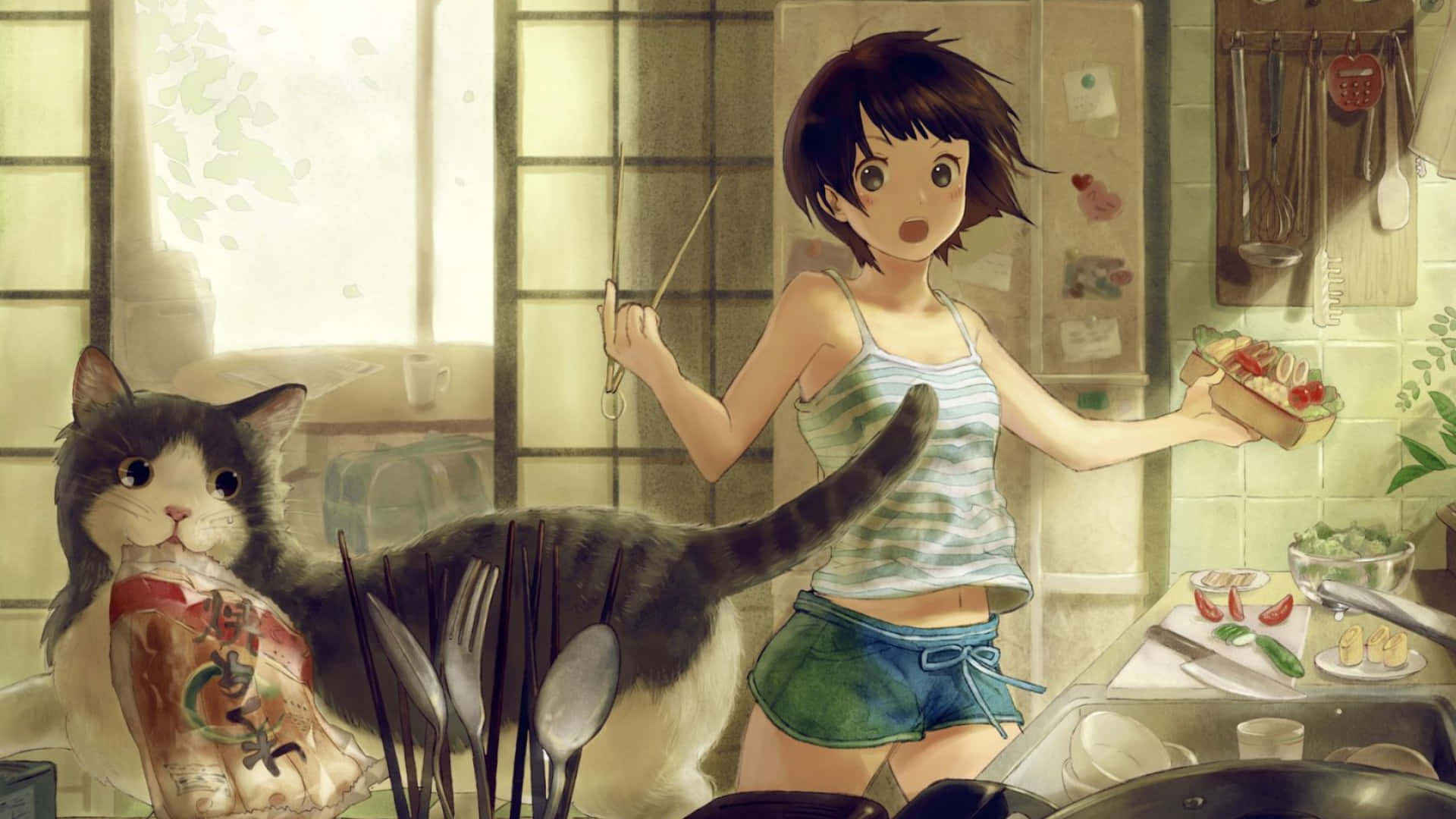 Hätkähtänyt anime-tyttö 1920x1080 keittiötausta Taustakuvat