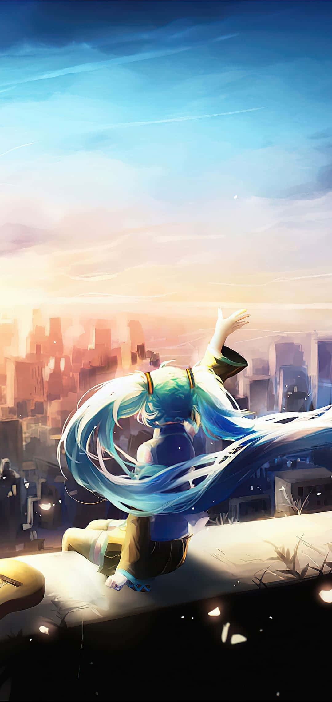 Hatsune Miku kattoterassilla kaupunkinäkymällä puhelin Taustakuvat