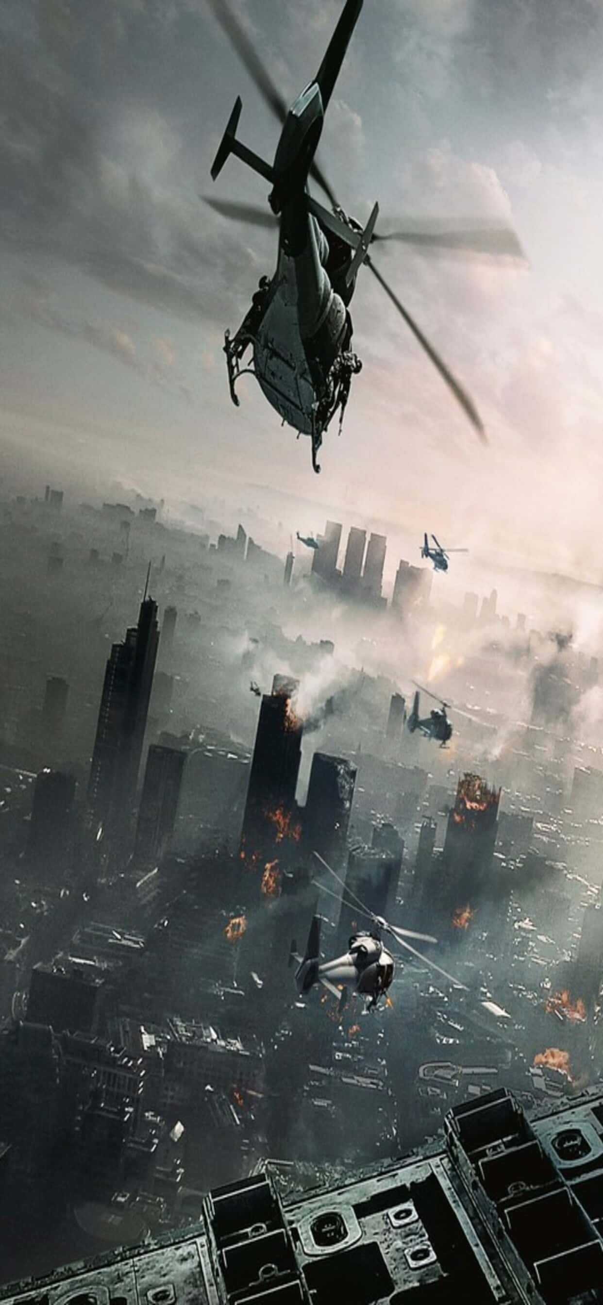 Helikopteri kaupungin yllä iPhone XS Max World War Z -tausta Taustakuvat