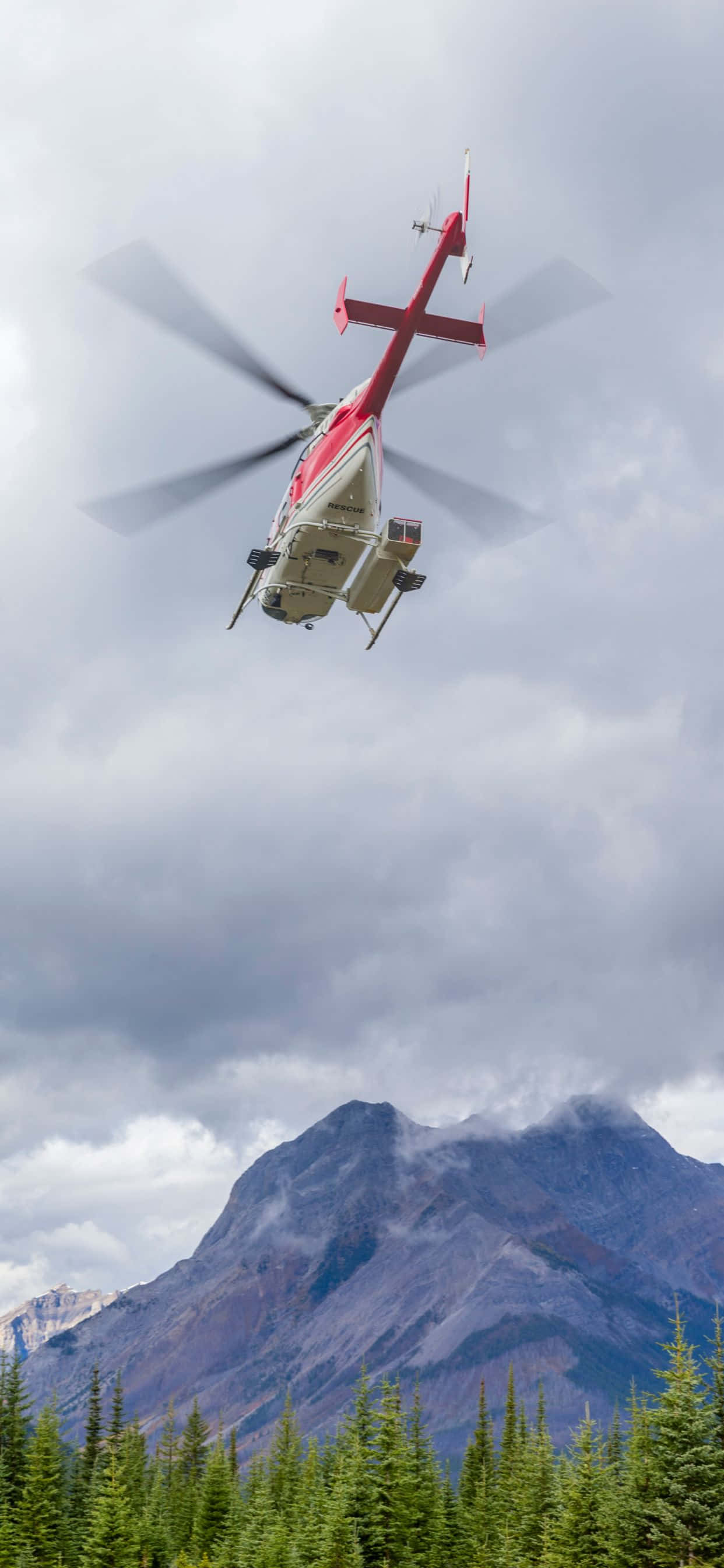 helikopteri lentää metsän yllä, taustalla vuoria Taustakuvat