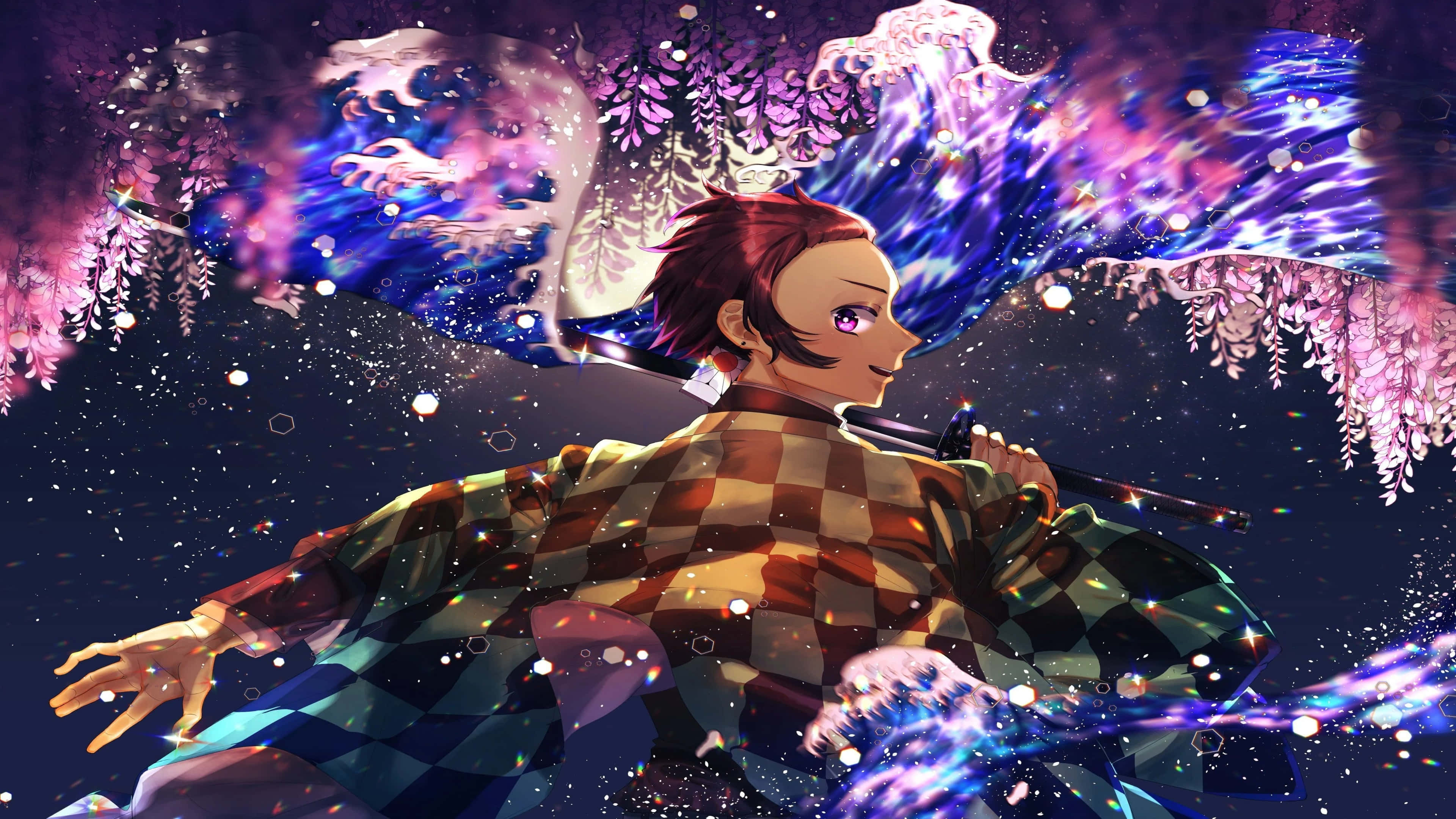 Henkeäsalpaava 4K-kuva, joka kuvaa intensiivistä hetkeä Demon Slayer -animesarjasta. Taustakuvat