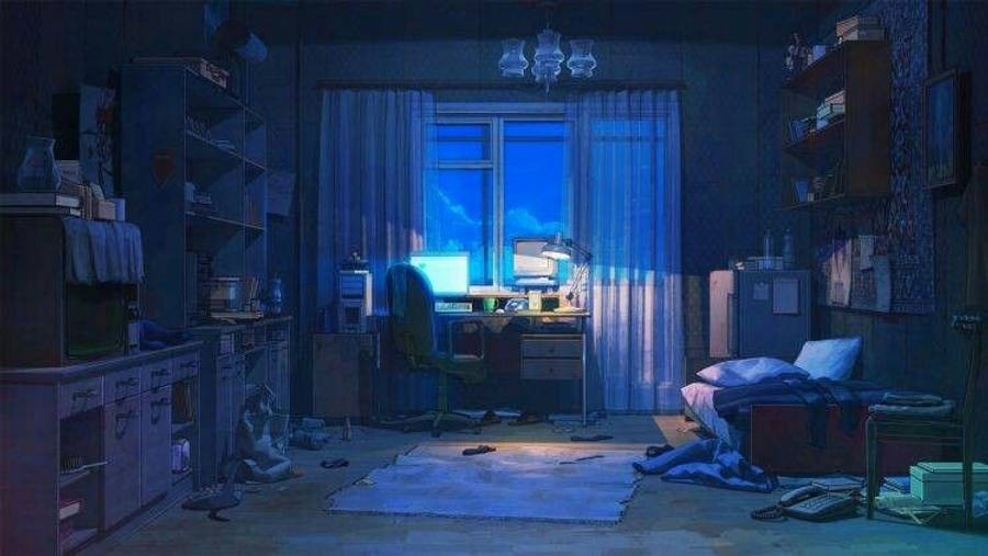 Himmeä animehuone, jossa kannettava tietokone on päällä Taustakuvat