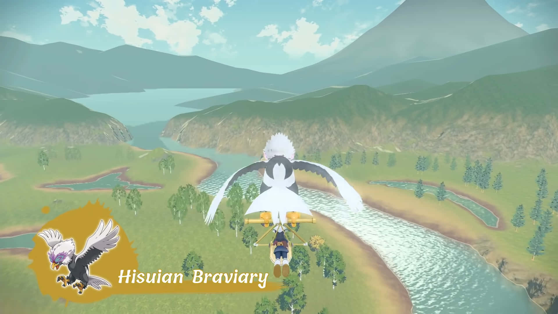 Hisuian Braviary lentämässä joen yli Taustakuvat