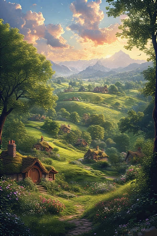 Hobbiton kukkulat ja hobittitalot fantasia 4K Taustakuvat
