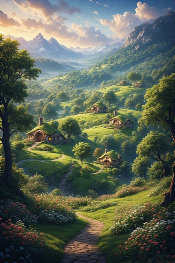 Hobbiton kukkulat ja hobittitalot fantasia 4K Taustakuvat