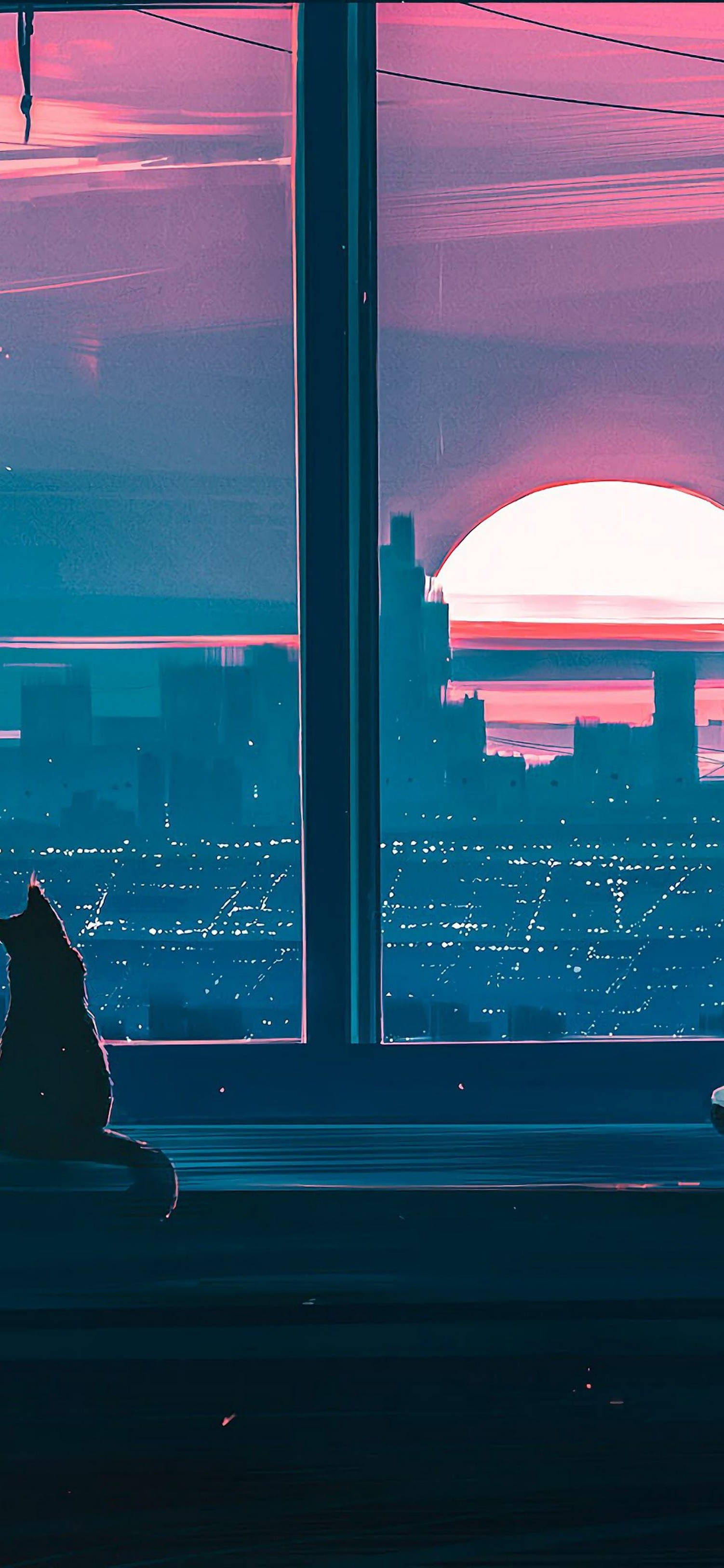 Houkutteleva auringonlasku-anime-estetiikka iPhonelle - Kissa ikkunalla Taustakuvat