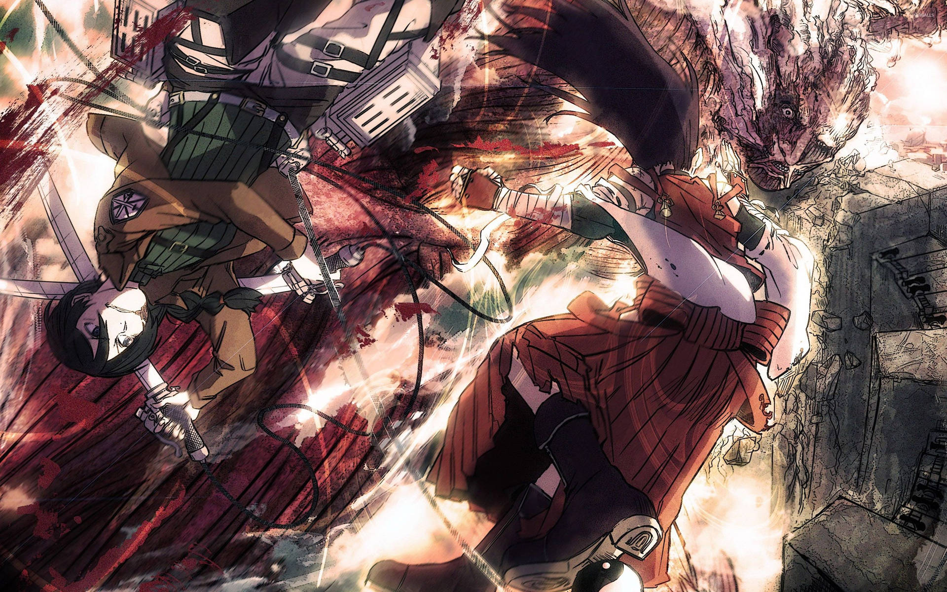 Mikasa Ackerman taistelemassa höyryä päästävää Colossal Titania vastaan Attack on Titan -fanitaidetaustakuvassa.