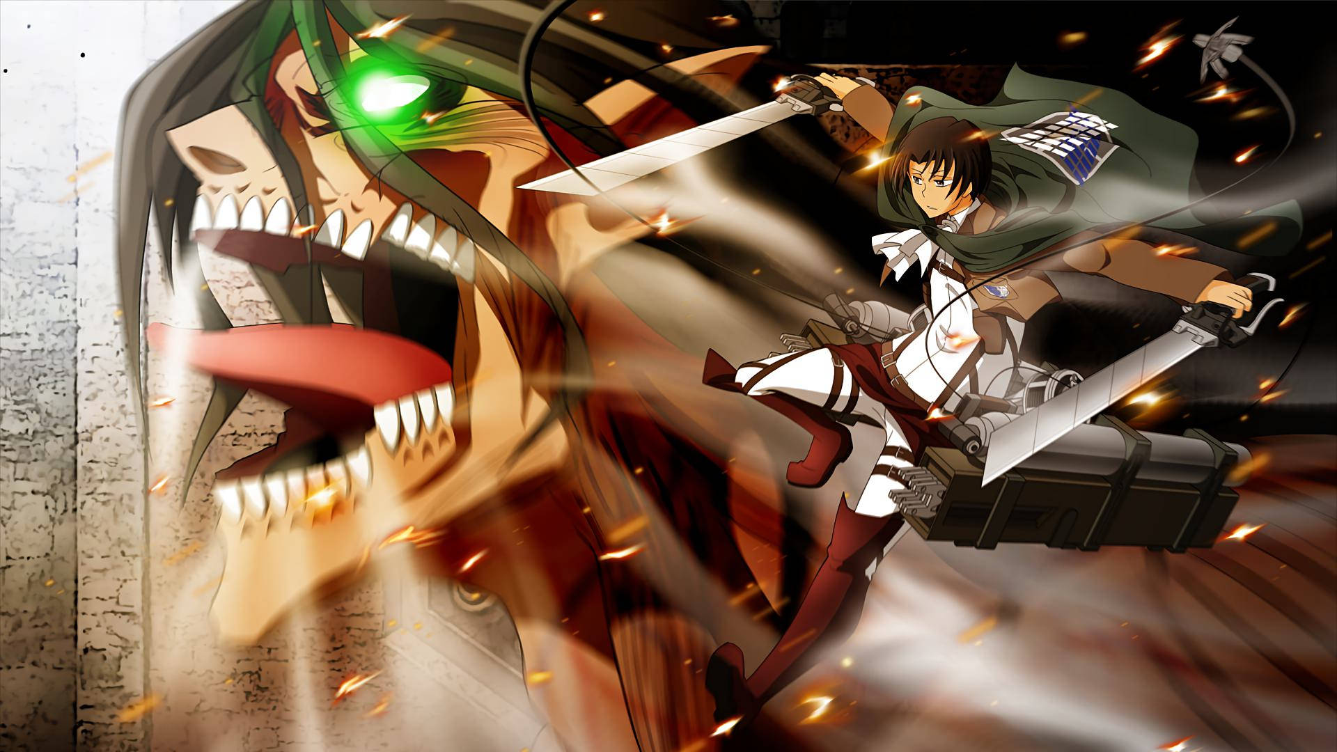 "Ihmismäiset Levi Ackerman ja Attack Titan" Taustakuvat