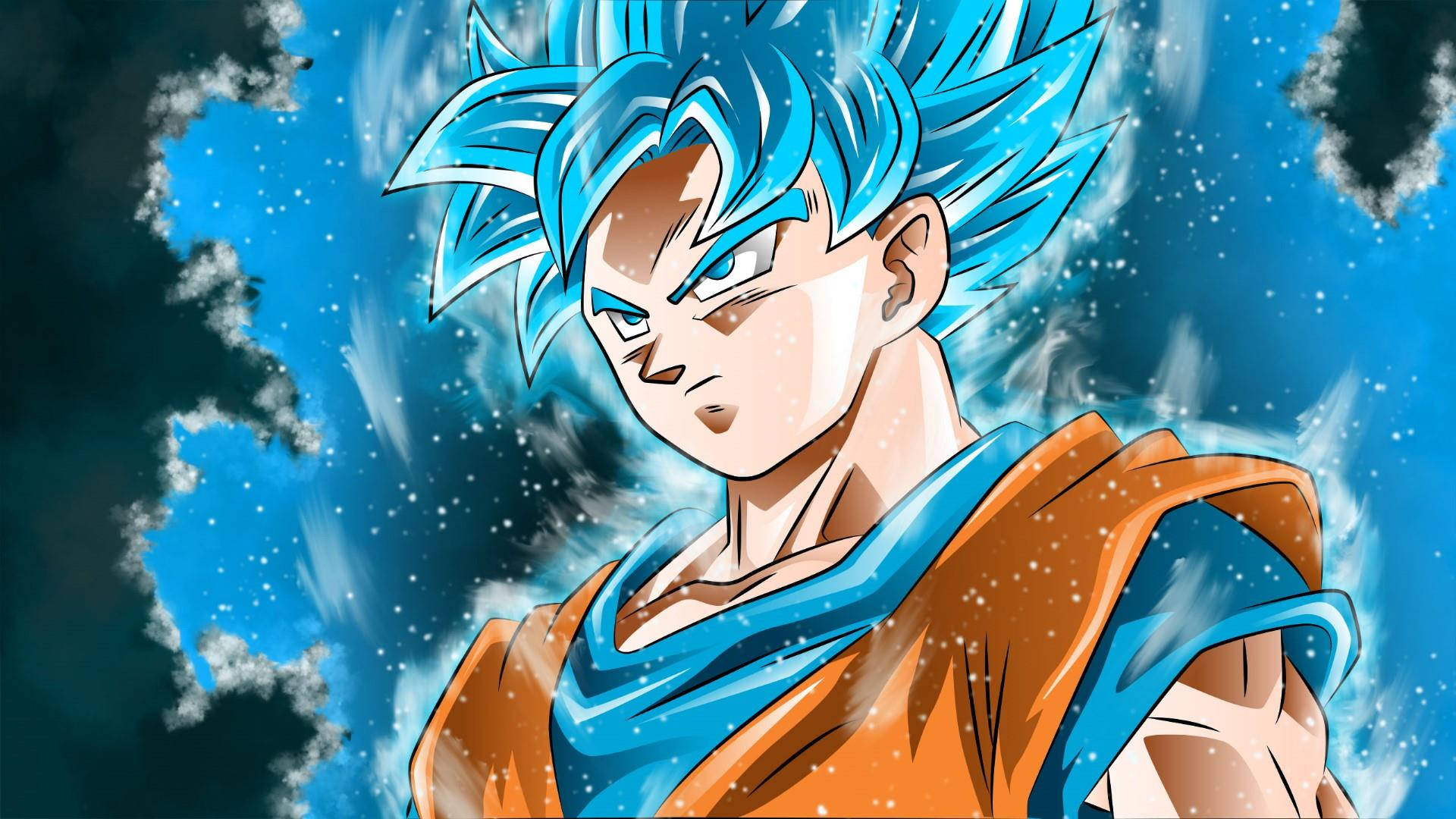 Taustakuva Son Gokusta lähikuvassa Super Saiyan Blue -tilassa