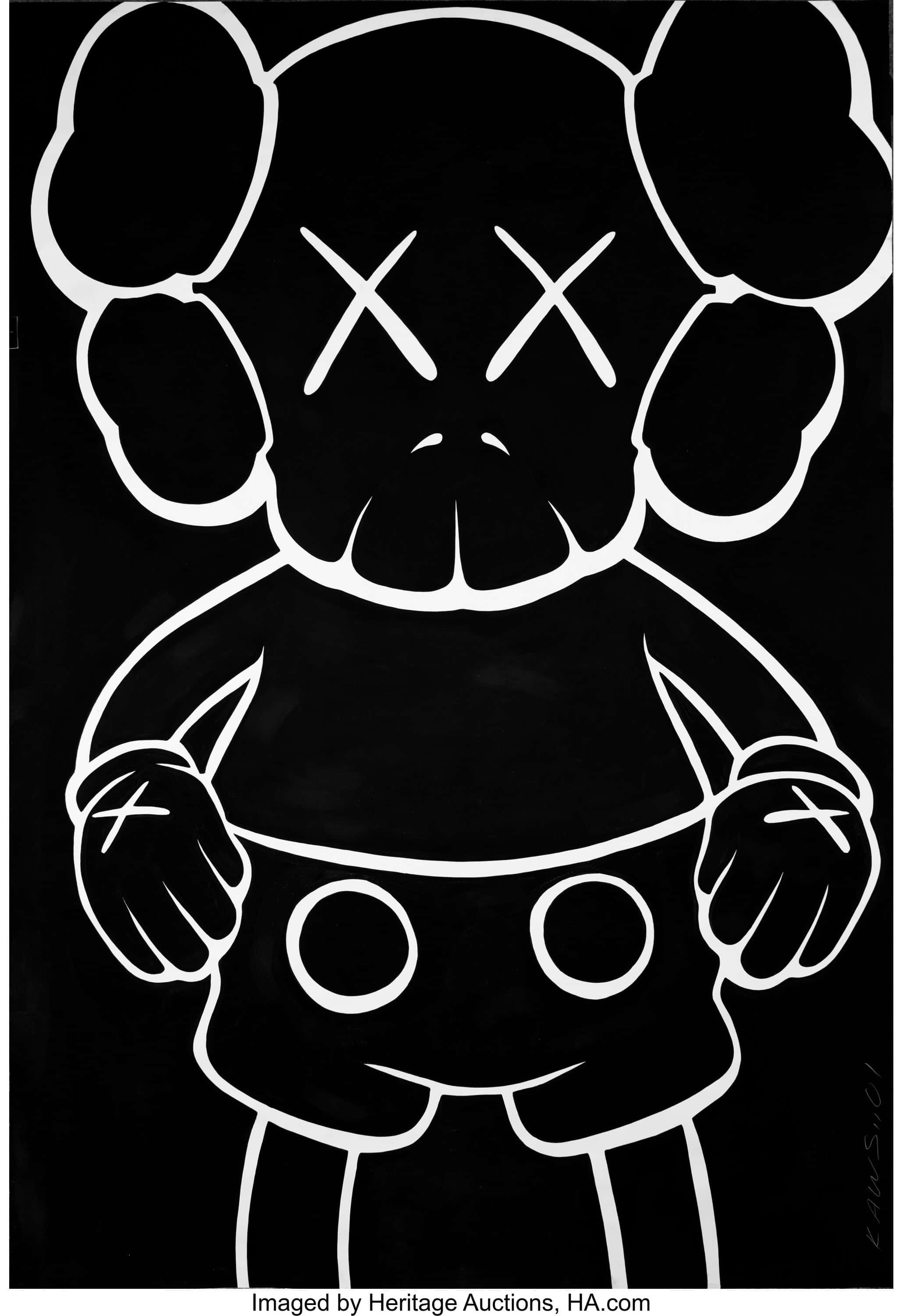 Ikoninen KAWS Companion -hahmo katsomassa ylös sinistä taivasta vasten Taustakuvat