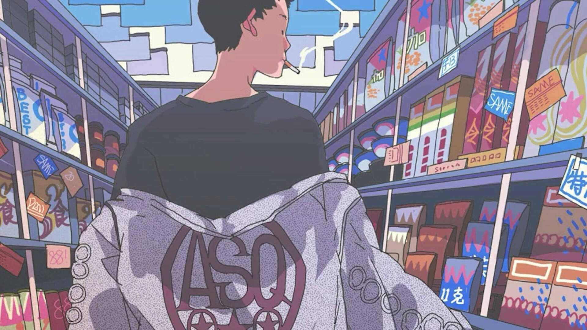 Indie-estetiikka kannettava animepoika ruokakaupassa Taustakuvat