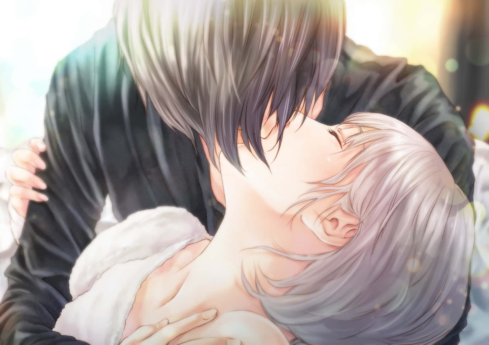 Intiimi romanttinen animepari suutelemassa Taustakuvat