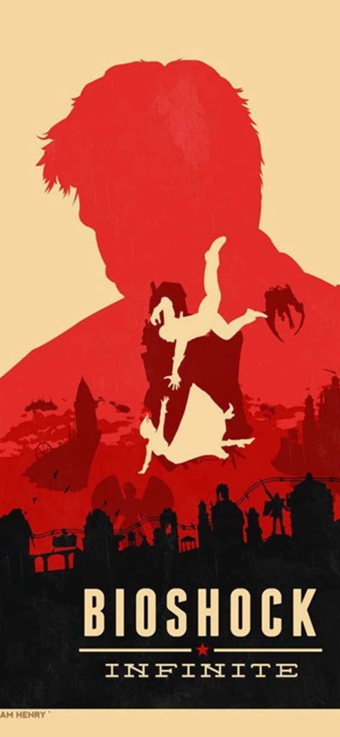iPhone X Bioshock Infinite -taustakuva punainen juliste Booker ja Elizabeth putoamassa Taustakuvat