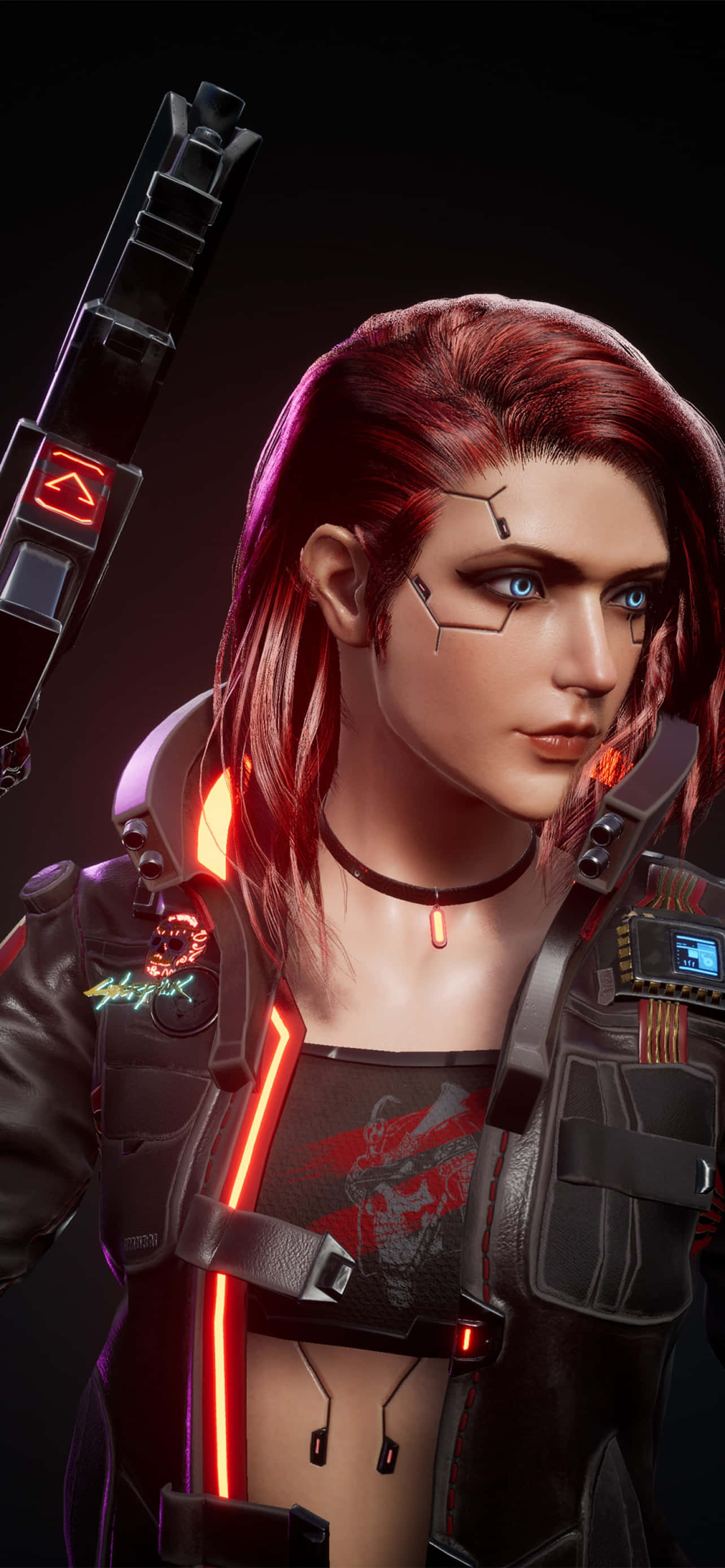 iPhone X Cyberpunk 2077 -taustakuva, jossa punatukkainen oma hahmo Taustakuvat