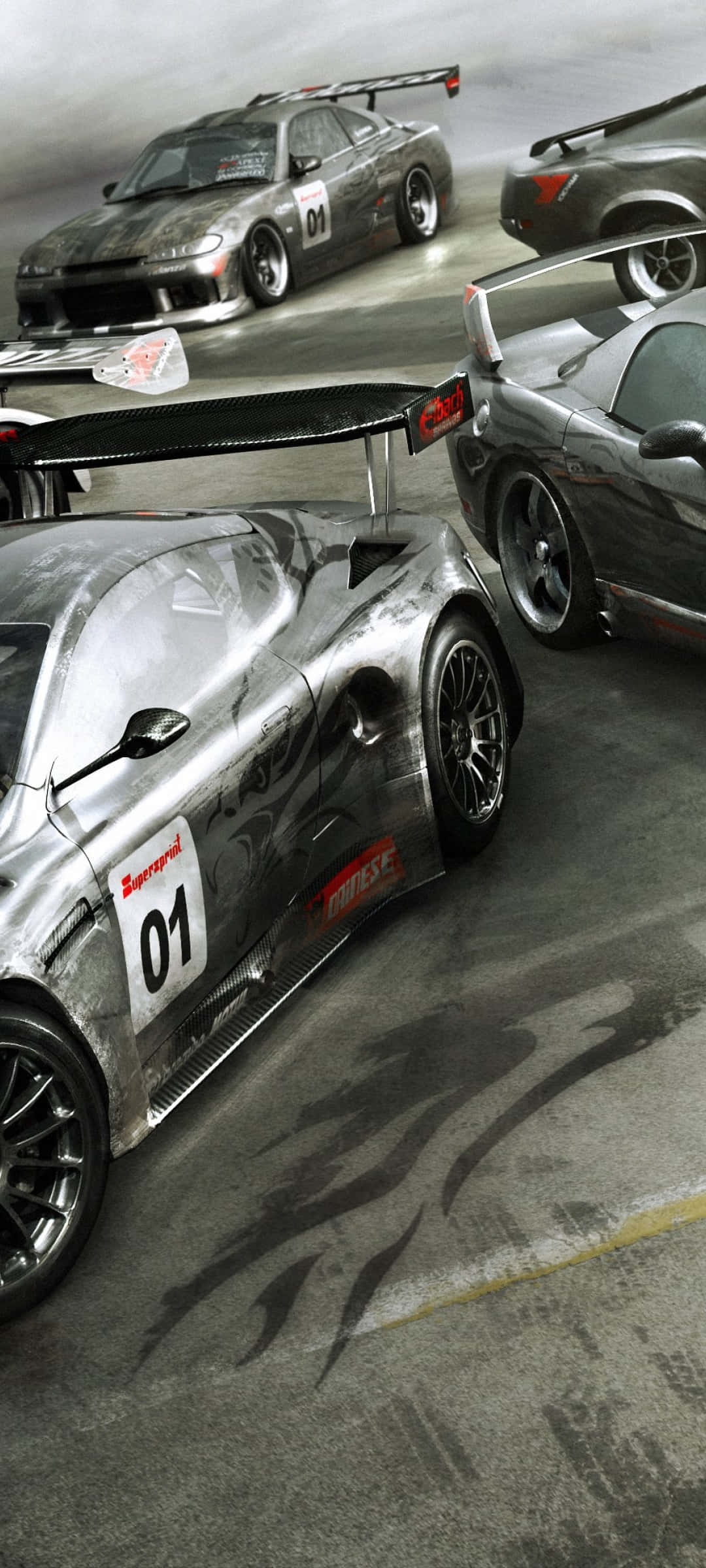 iPhone X Grid Autosport -tausta liukuvia autoja ja savua Taustakuvat