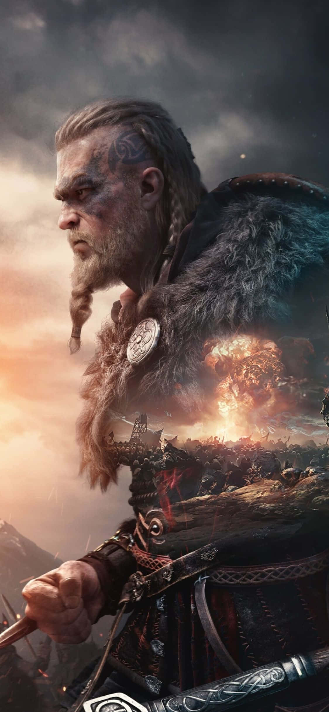 iPhone Xs Assassin's Creed Valhalla Eivor rajatulla räjähdyskuvalla -tausta Taustakuvat
