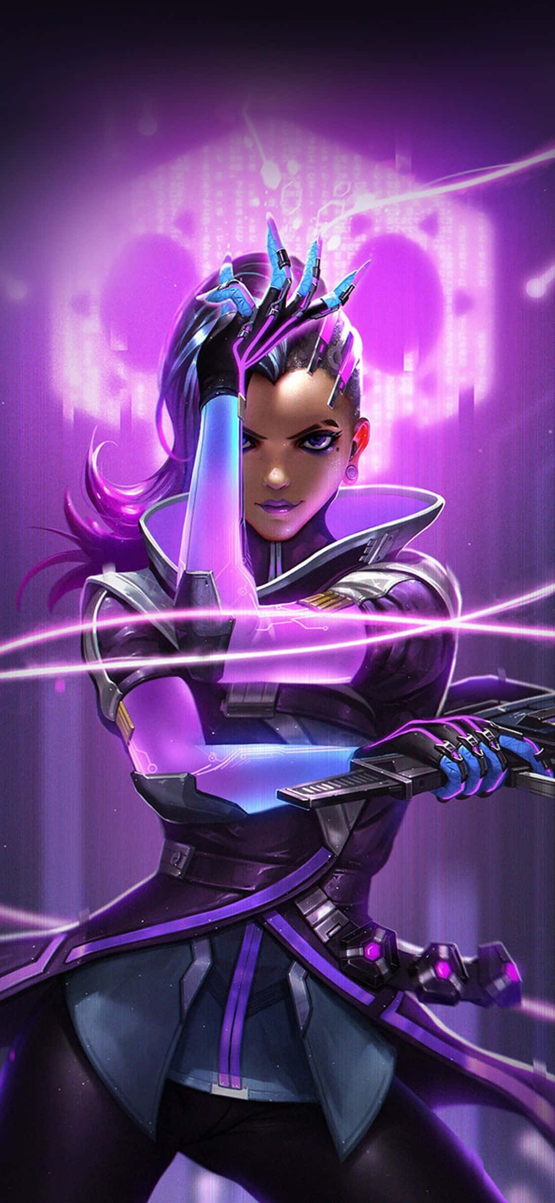 iPhone Xs Max Overwatch -taustakuva Sombra violetit neonvalot Taustakuvat