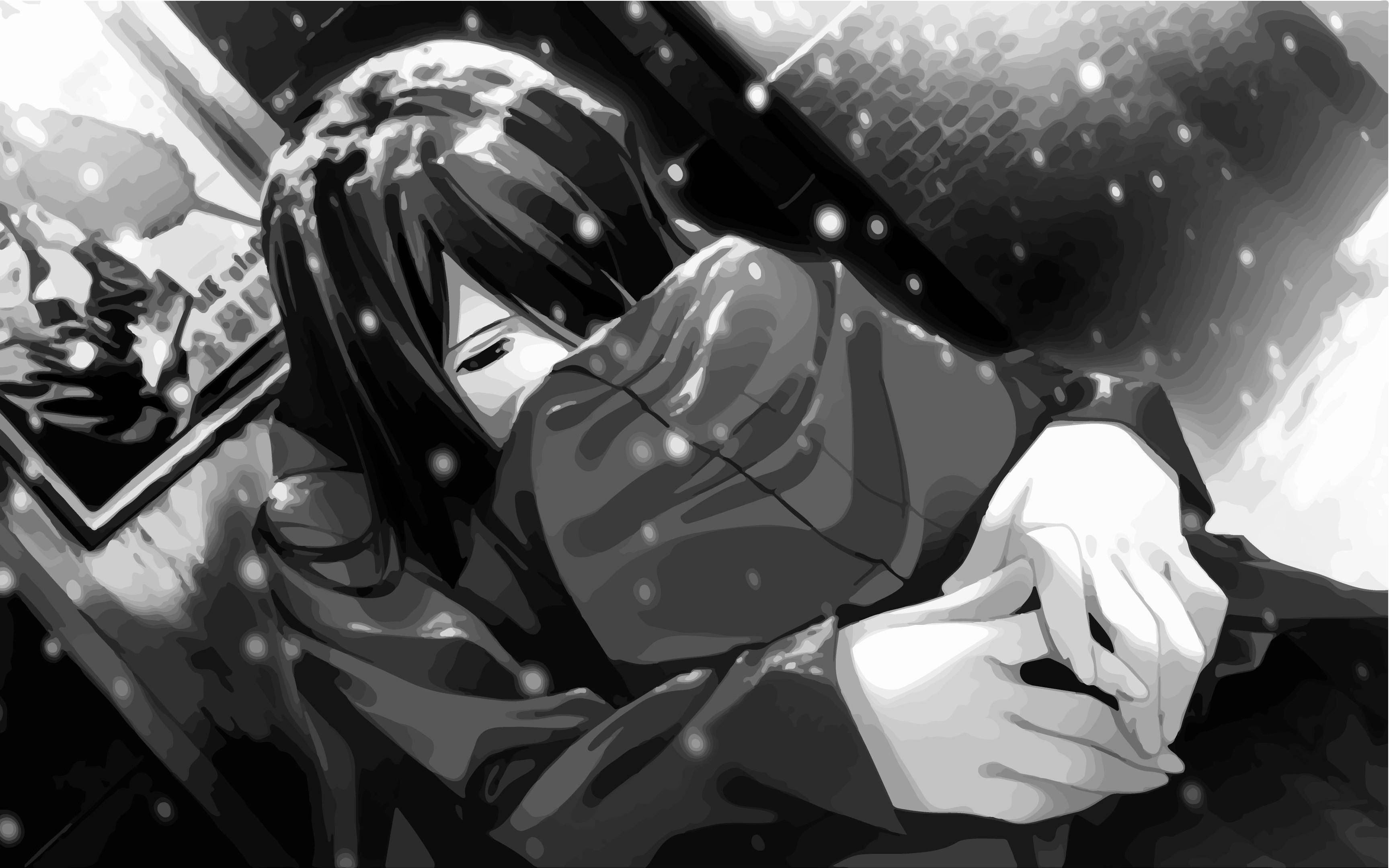 Itkevä surullinen anime-tyttö mustavalkoinen työpöytä — Surullinen anime GIF Taustakuvat