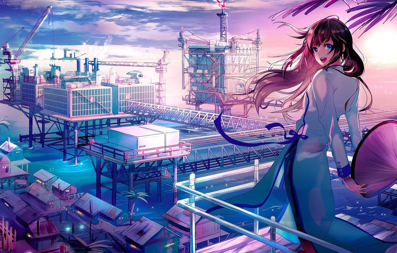 Japanilainen animekaupunki nuoren tytön kanssa Taustakuvat