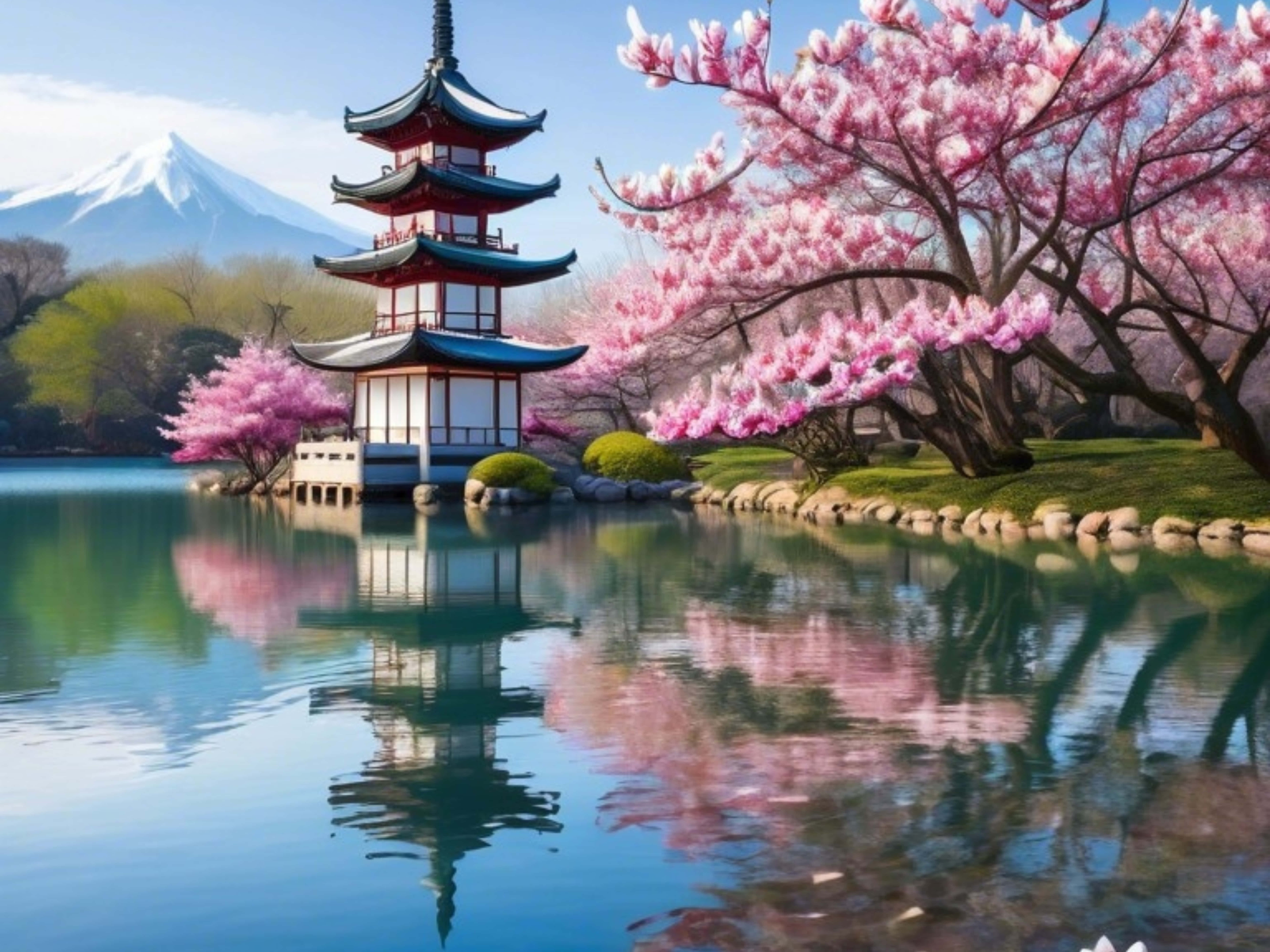 Japanilainen maisema rauhallisella järvellä, kirsikankukkia, temppeli ja vuoria Taustakuvat