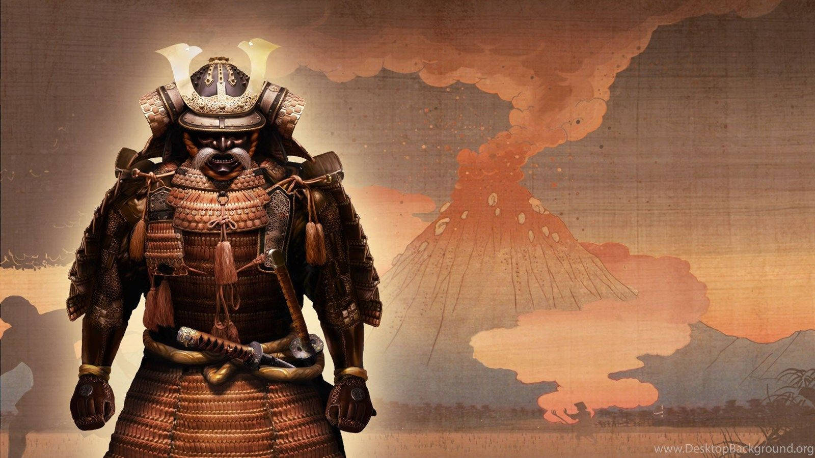 Japanilainen samurai ja tulivuori Taustakuvat