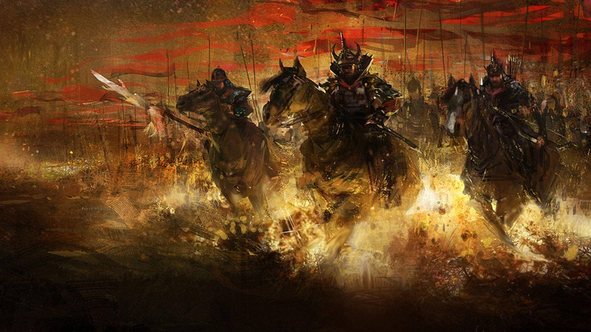 Japanilaiset samurait liekeissä ja hevoset Taustakuvat