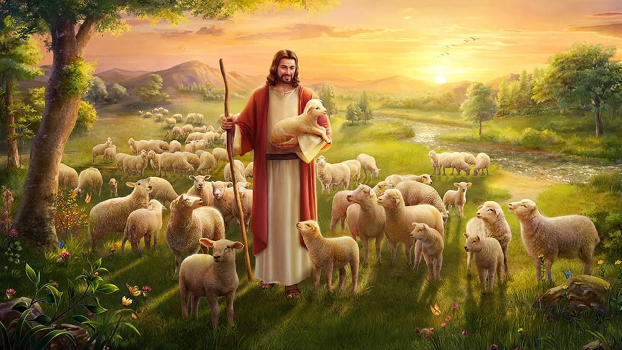 Jeesus karitsoiden ympäröimänä työpöytätaustakuva Taustakuvat
