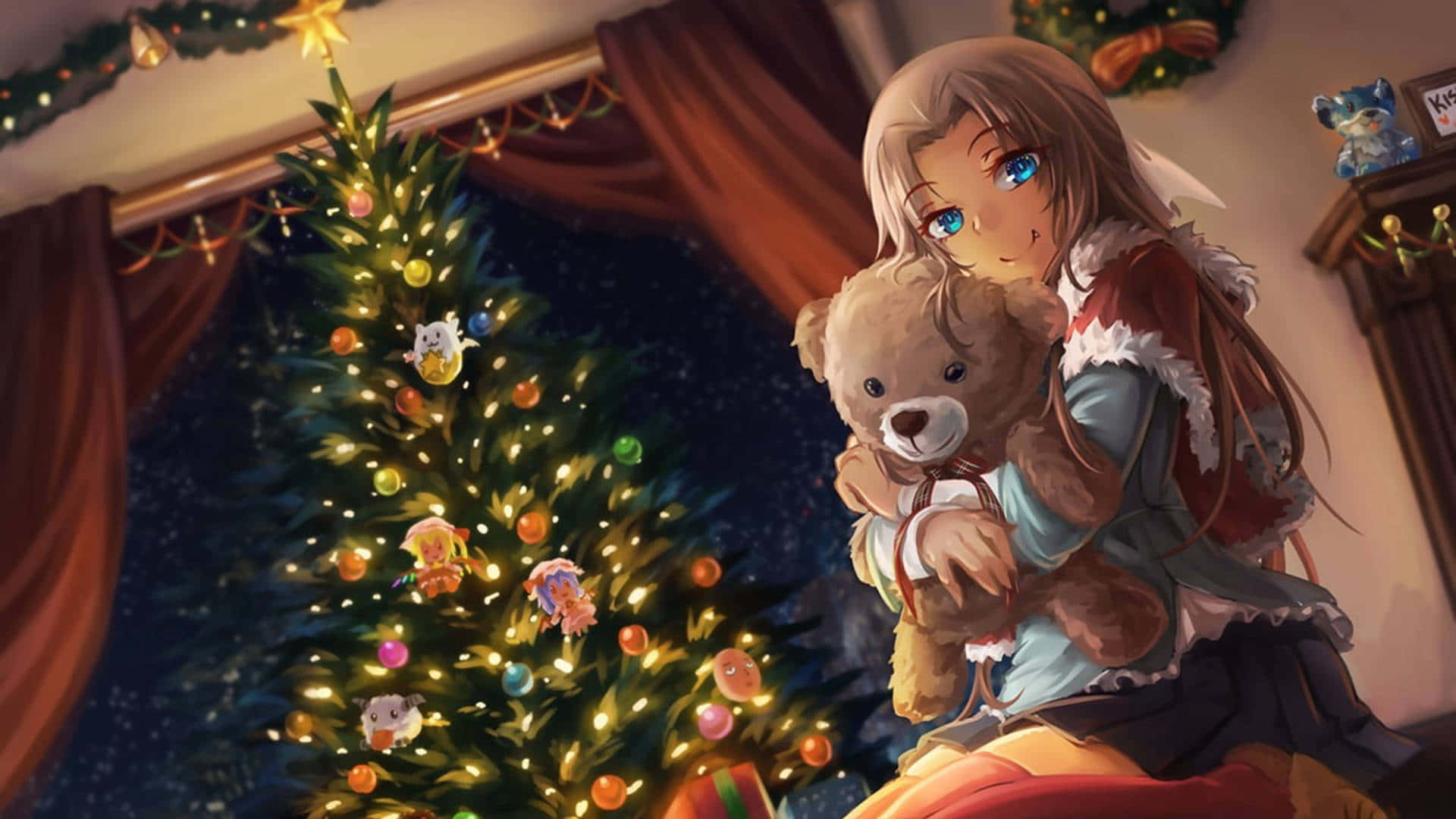 Jouluinen anime-tausta lumihuippuisella puulla ja suloisilla hahmoilla juhlimassa joulua. Taustakuvat