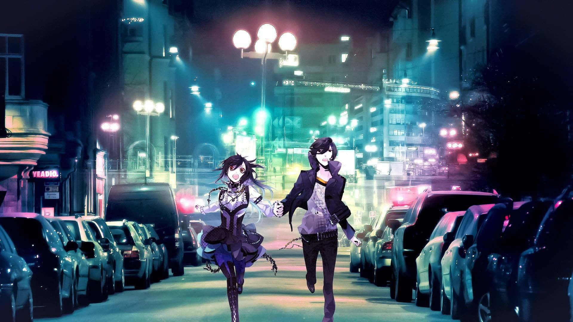 kaksi anime-tyttöä kävelemässä kadulla yöllä Taustakuvat