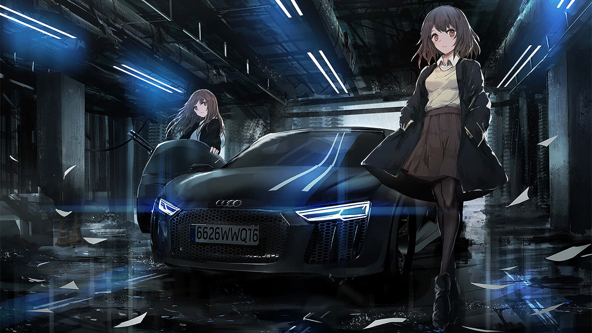 kaksi anime-tyttöä seisomassa auton vieressä Taustakuvat