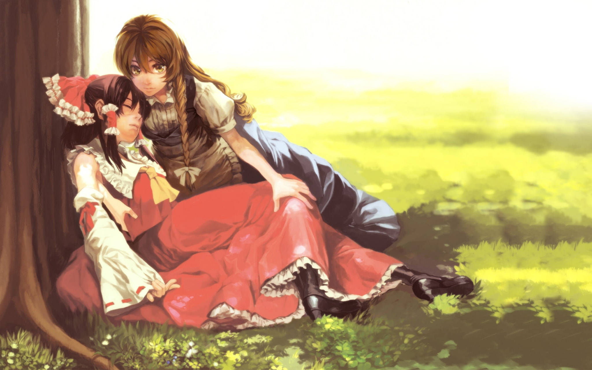 Kaksi animehahmoa, Reimu ja Marisa sydämellisessä syleilyssä Taustakuvat