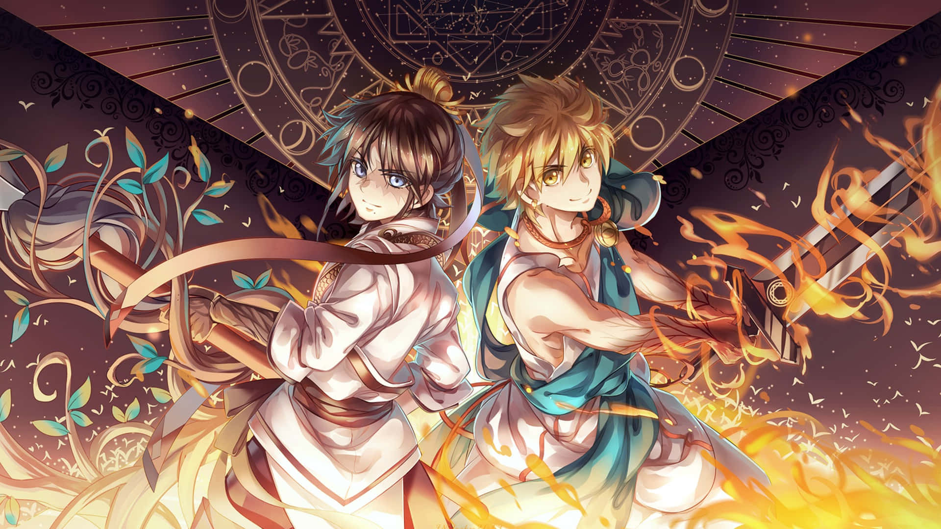 kaksi animehahmoa seisomassa tulen edessä Taustakuvat