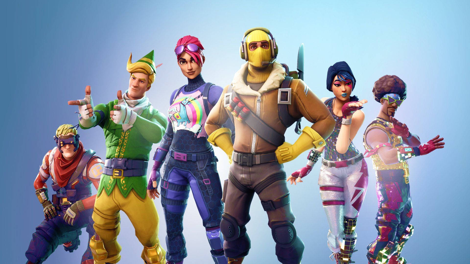 6 Fortnite-hahmoa sinisellä ombre-taustalla HD-taustakuva.