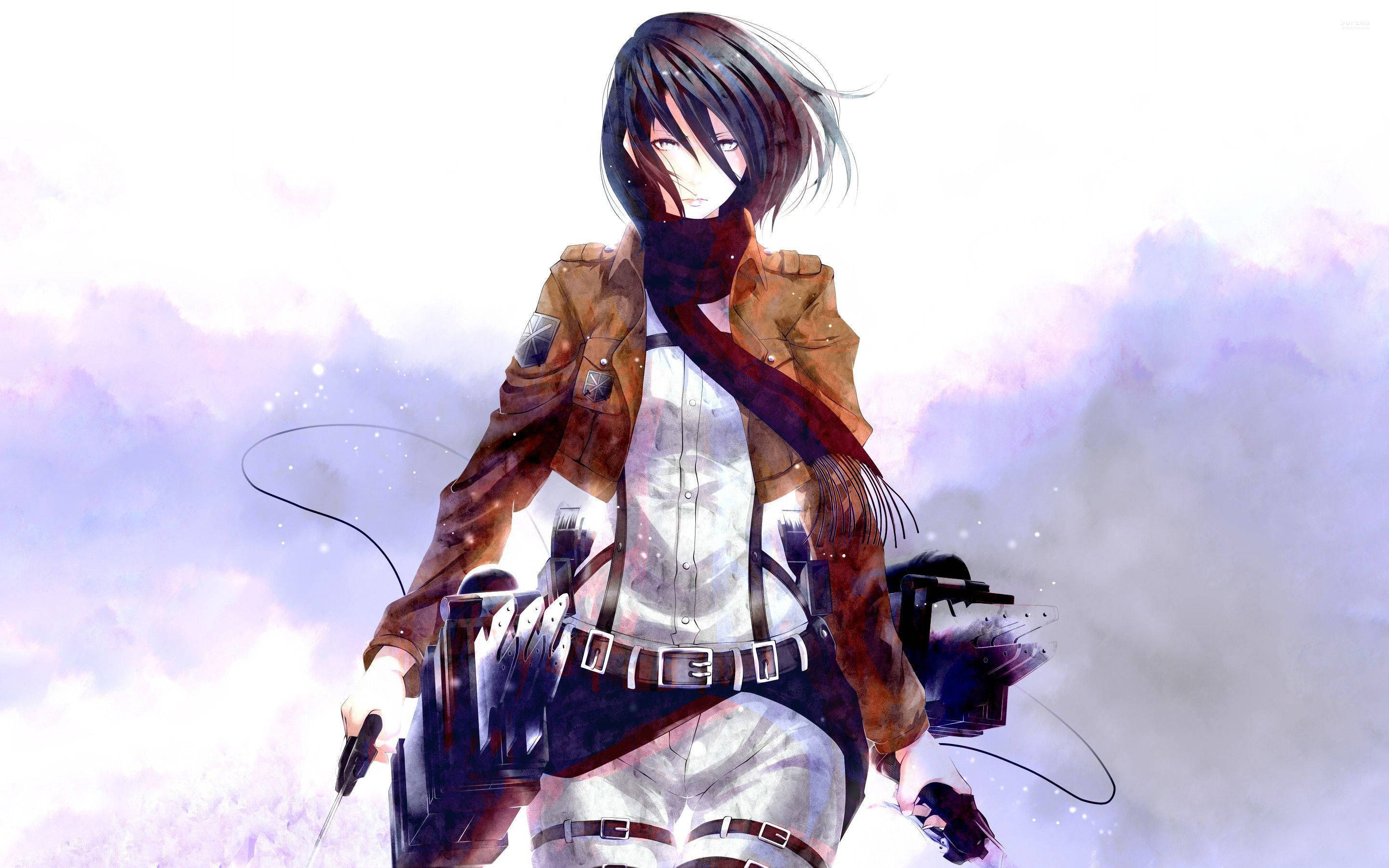 Kaksi rohkeaa tiedustelijaa, Mikasa Ackerman ja Eren Yeager, valmistautuvat taisteluun Attack on Titan -animessa. Taustakuvat