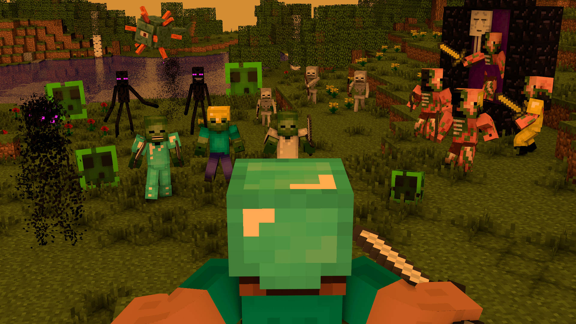 Minecraft päähenkilö roistot taistelevat pellolla taustakuva
