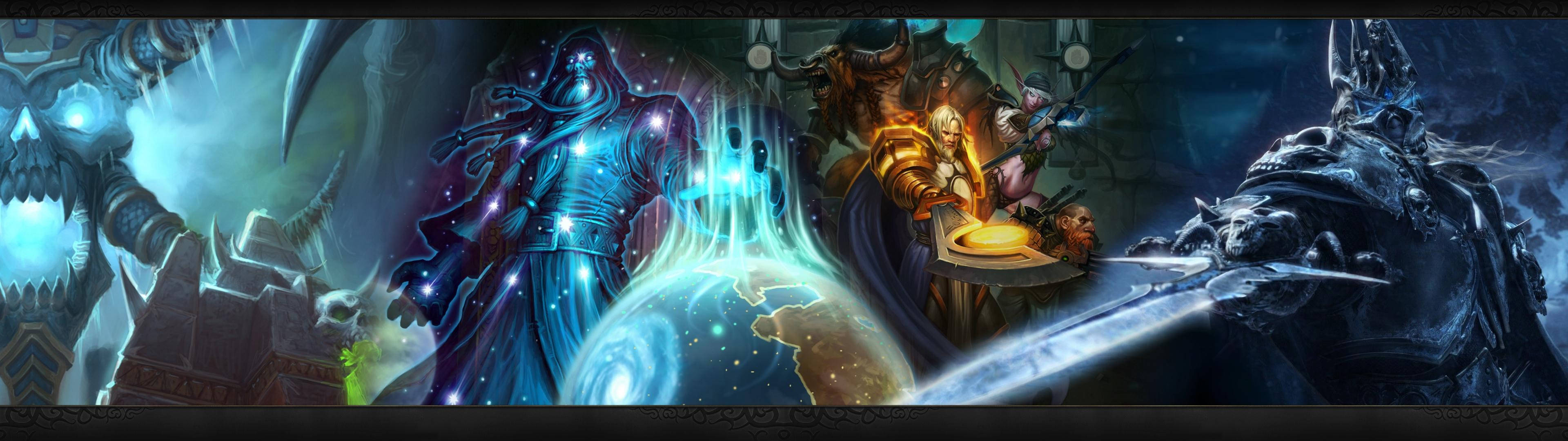 Kaksi World of Warcraft -hahmoa taistelemassa kaksoisnäytöllä Taustakuvat