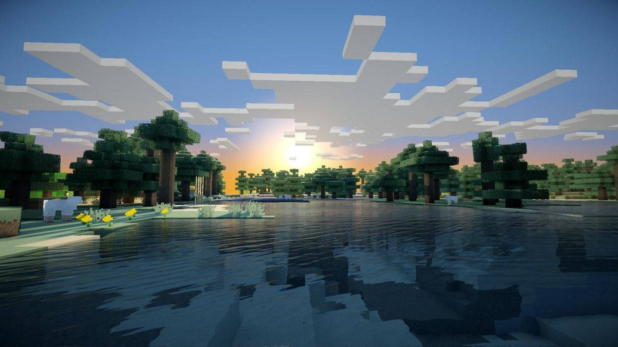 Kaunis näkymä pilvisestä auringonnoususta Minecraftissa Taustakuvat