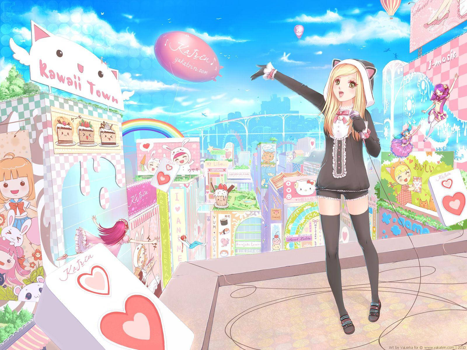 Kawaii-anime-tyttö suloisen kaupan ympäröimänä Taustakuvat