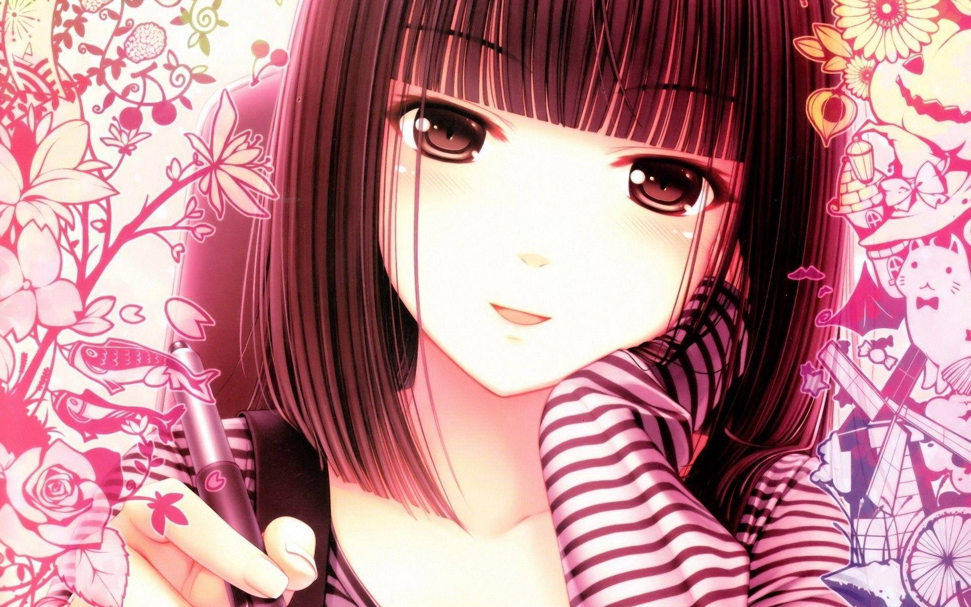 Kawaii-anime-tyttö pitää kynää ja ympärillä piirroksia Taustakuvat