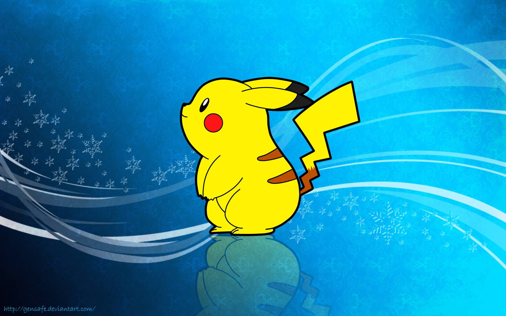 Taustakuva keltaisesta Pikachusta, joka näyttää pullealta ja katsoo sivulle.