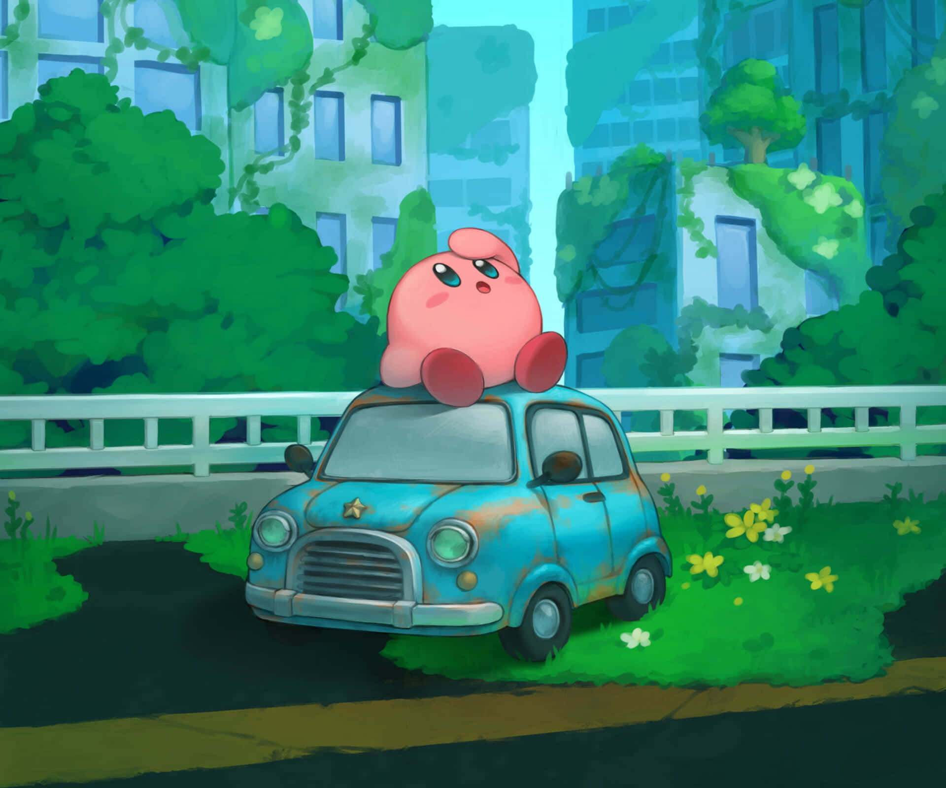 Kirby leijuu pilvien läpi vaaleanpunaisella taivaalla Taustakuvat