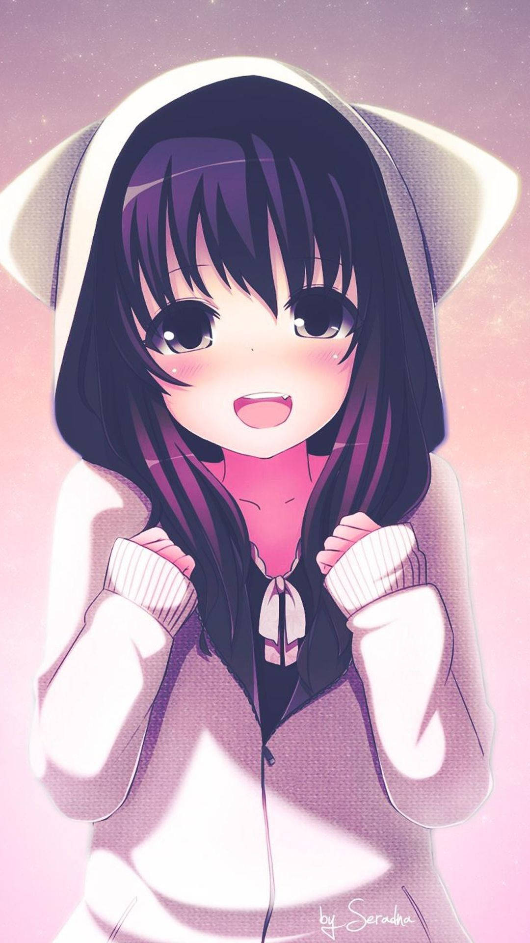 Kissa-huppari söpö anime-tyttö iPhone Taustakuvat