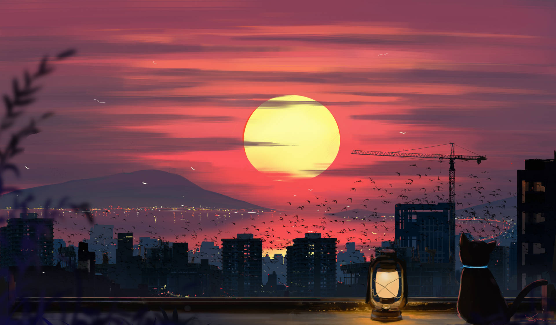 Kissa ja auringonlasku tietokoneen lukitusnäyttö — Anime maisema GIF Taustakuvat