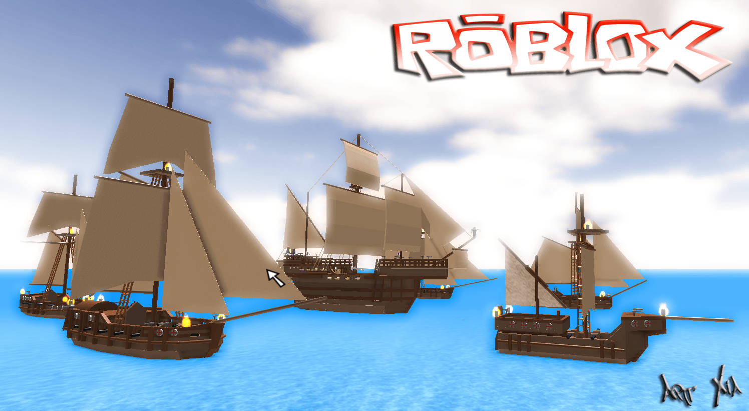 Upea 3D-taustakuva merirosvolaivoista Roblox-verkkopelissä.