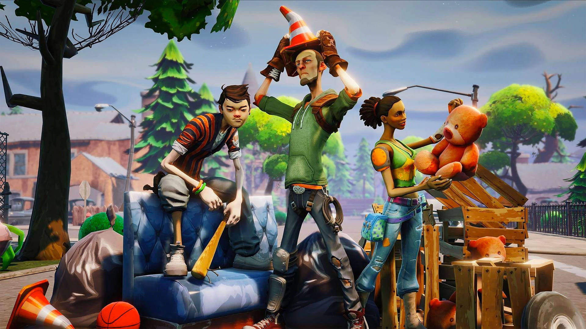 Kolme Fortnite-hahmoa poseeraamassa kaduilla HD-taustakuva