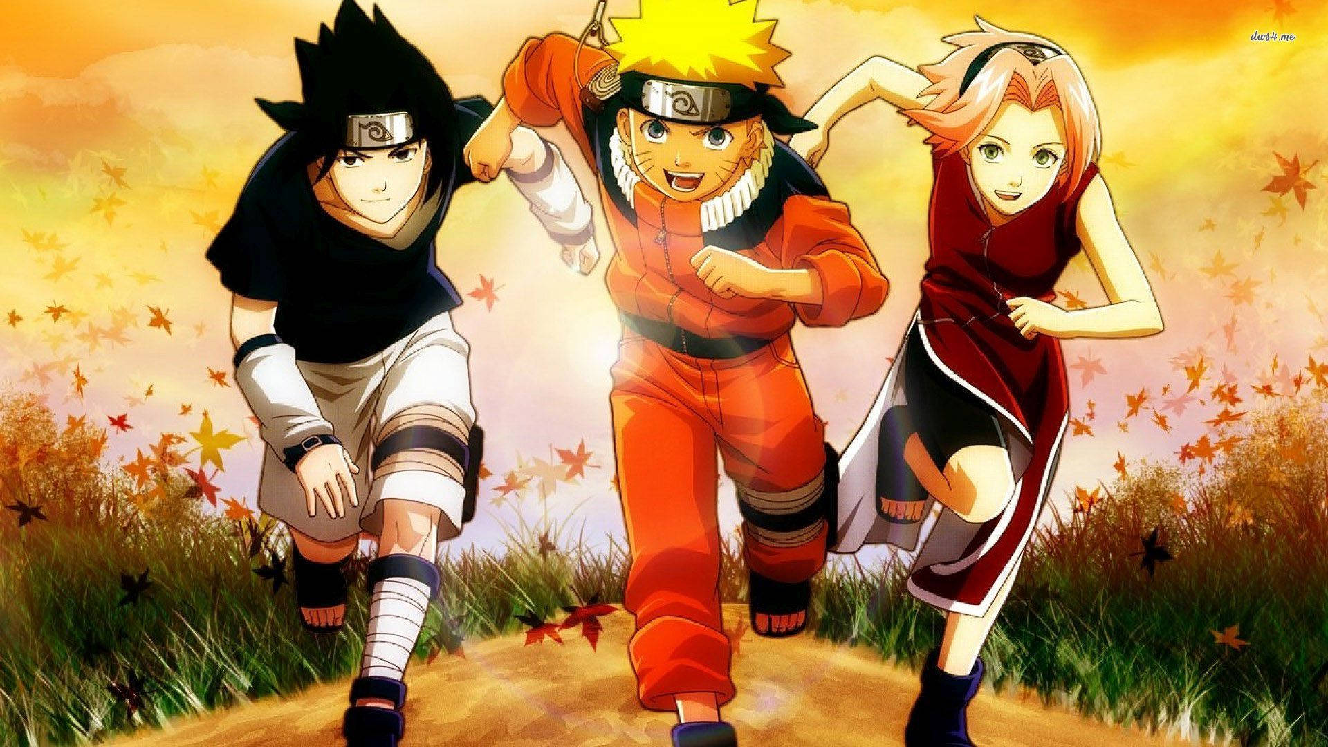 Kolme nuorekasta ninjaa - Naruto, Sakura ja Sasuke juoksemassa yhdessä. Taustakuvat