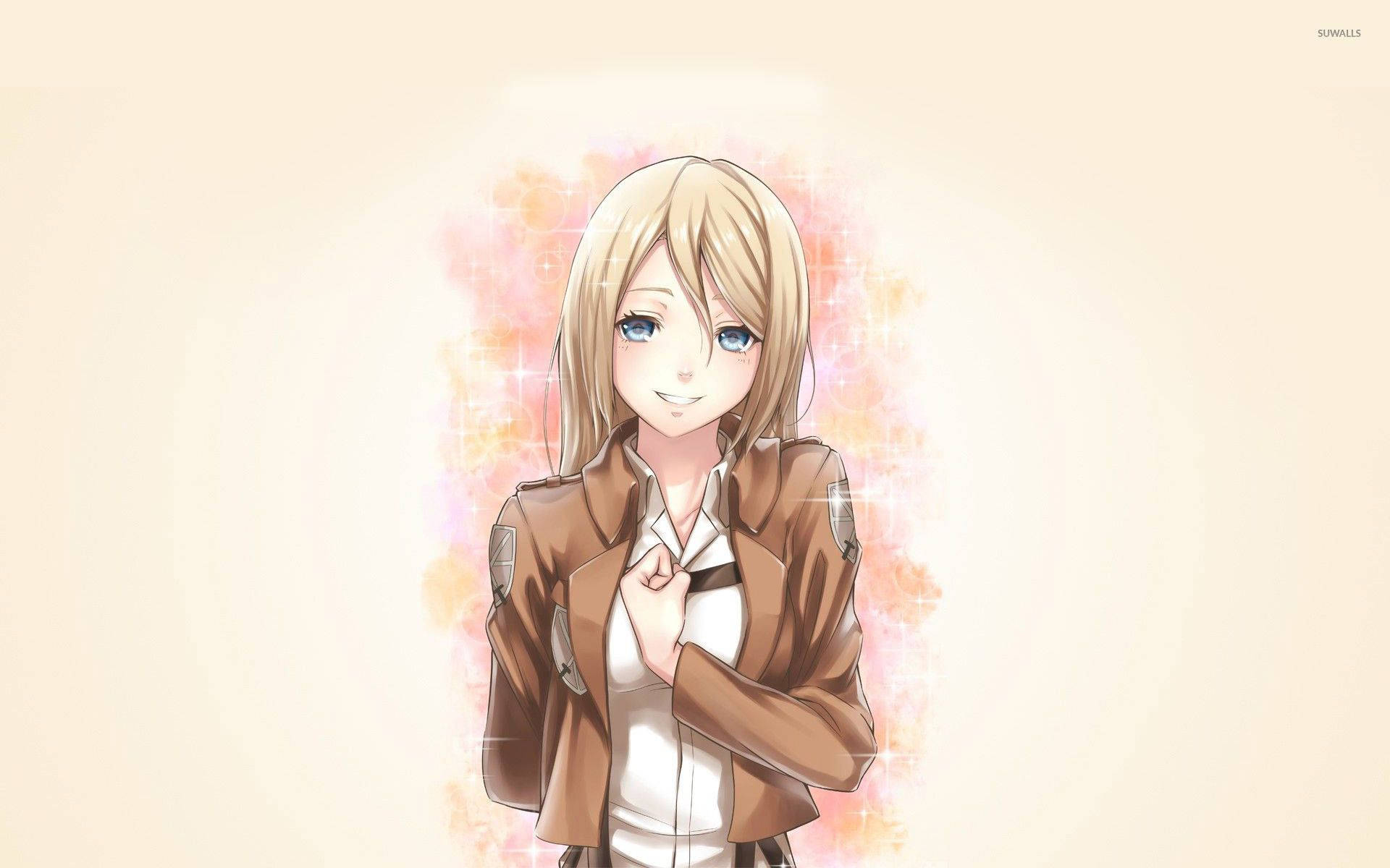 Krista Lenz Historia tervehtimässä kimaltelevan persikkaisen taustan edessä Attack on Titan -tapetissa.